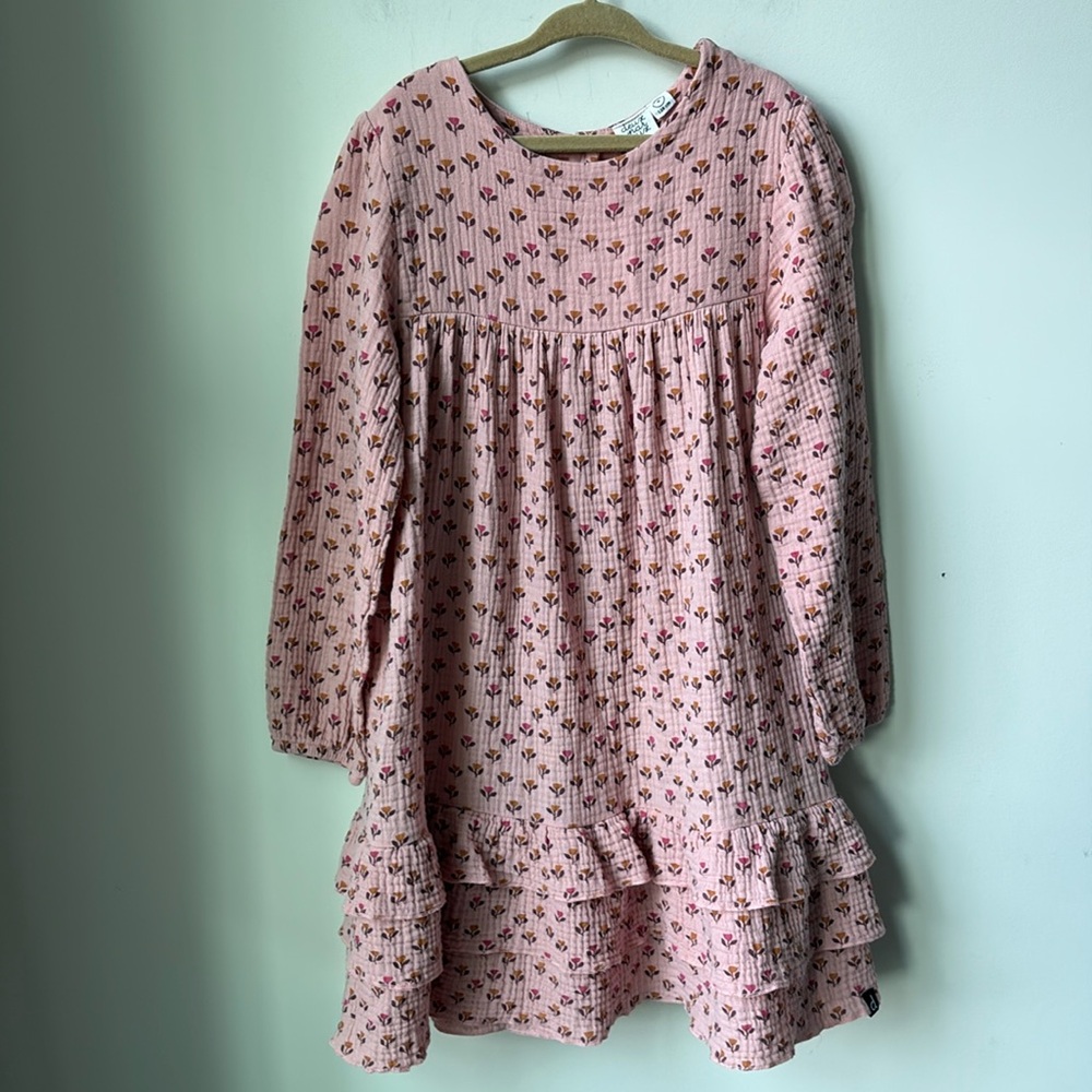 deux par deux Muslin Tulip Dress Tiered Button Back Floral 100% Cotton Size 8